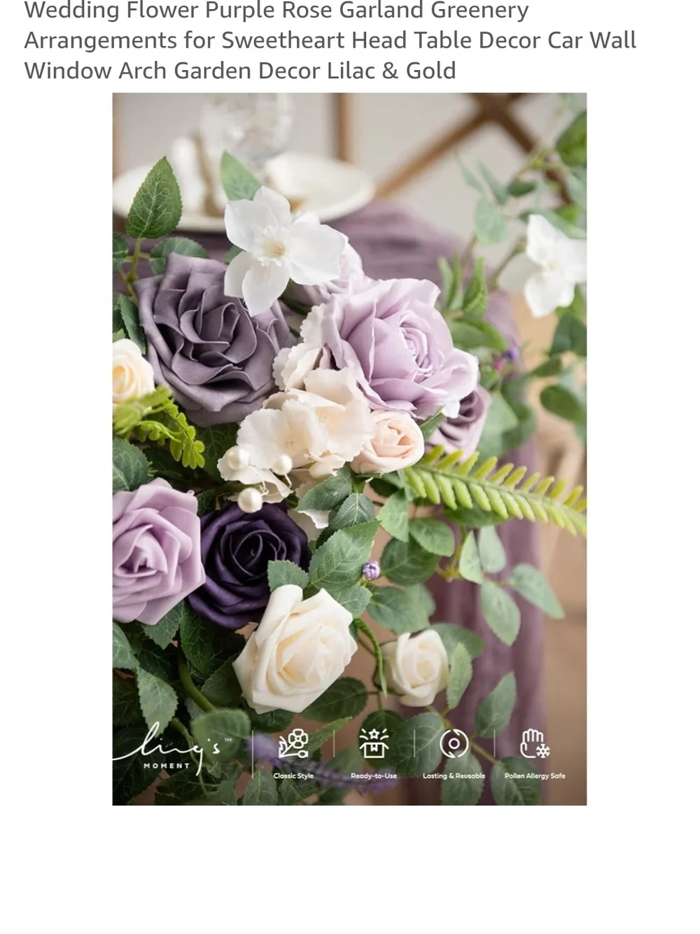 Set Of 12 Artificial Rose Garland with Lilac & Cream Blooms and Greenery